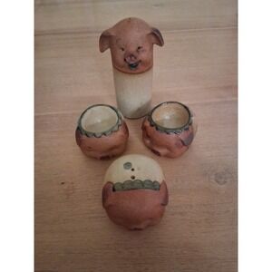 Vintage  Pig Stoneware Salt And Pepper And 2 Little Plates. Japan